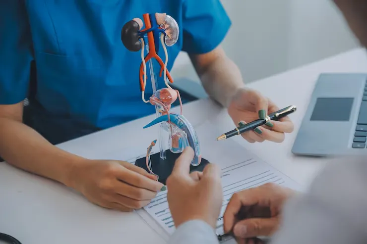 imgi 12 medico utiliza modelo anatomico explicar sistema urinario masculino modelo esta etiquetado partes que medico senala explica c